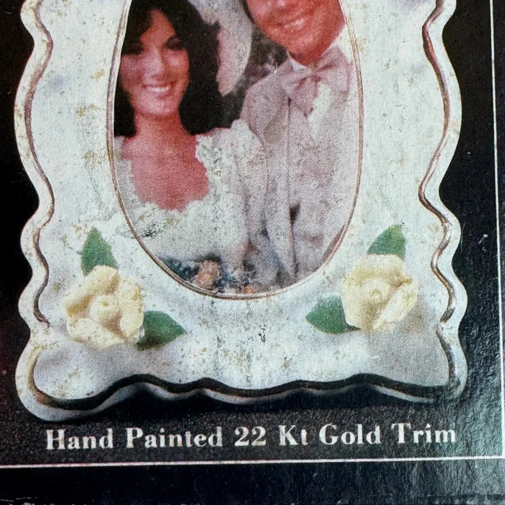 Vintage Porcelain Rose Picture Frame Hand Painted 22Kt Gold Trim White Yellow